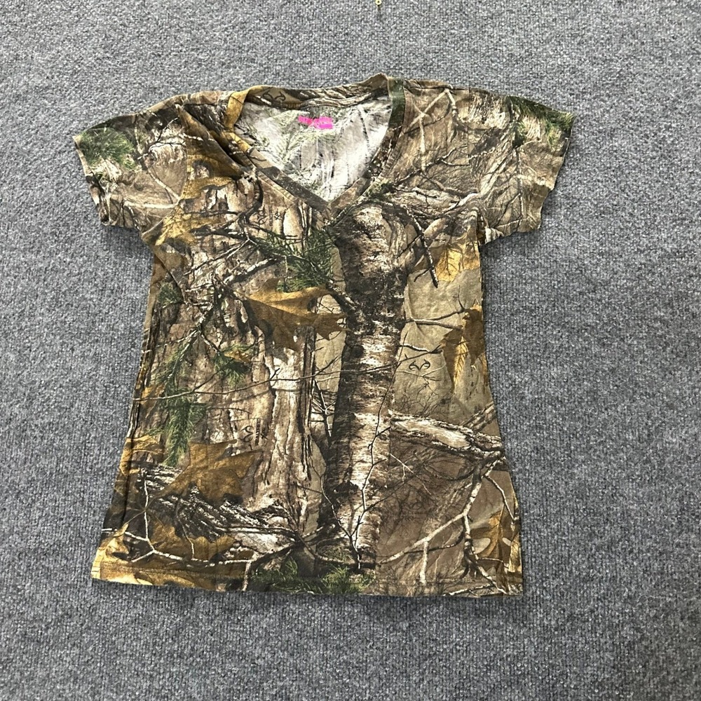 Game Winner T-Shirt Womens Size M Brown Camo V-Neck Short Sleeve Hunting Outdoor